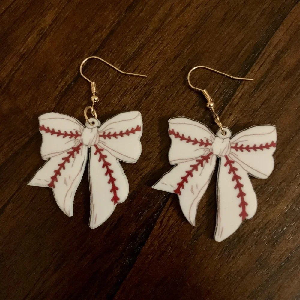 White Bow Baseball Stitch Drop Earrings by - Picture 5 of 5